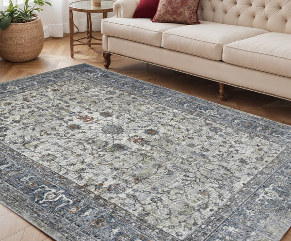 HomeRoots 5' Elegant Ivory, Blue & Gray Oriental Area Rug - Durable, Timeless Design for Any Space 5' X 8' 532348