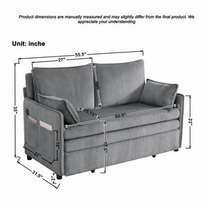 English Elm 55"convertible Corduroy Sofa Bed with Usb Port and Side Pockets for Small Apartments Grey W3373P405041