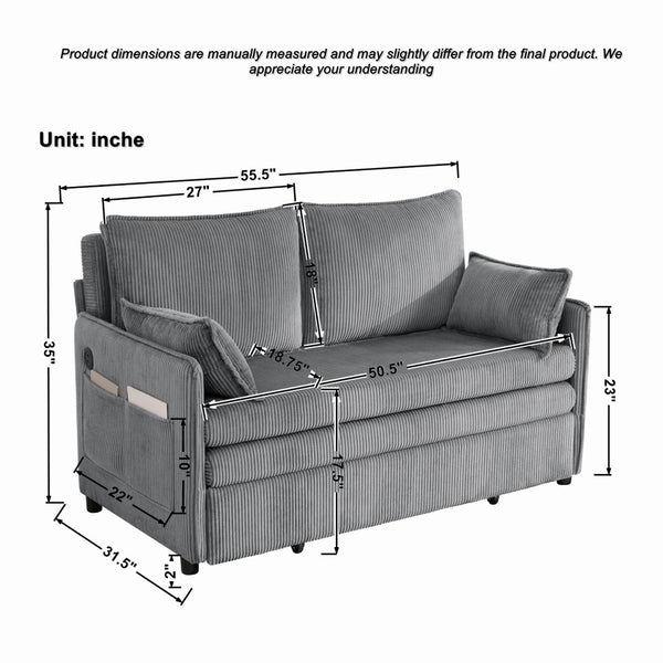 English Elm 55"convertible Corduroy Sofa Bed with Usb Port and Side Pockets for Small Apartments Grey W3373P405041