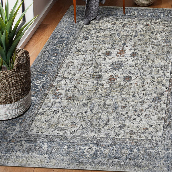 HomeRoots 5' Elegant Ivory, Blue & Gray Oriental Area Rug - Durable, Timeless Design for Any Space 10' X 14' 532350