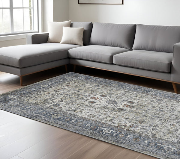 HomeRoots 5' Elegant Ivory, Blue & Gray Oriental Area Rug - Durable, Timeless Design for Any Space 10' X 14' 532350
