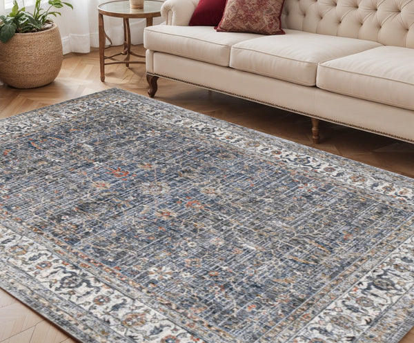 HomeRoots 5' Elegant Ivory, Blue & Gray Oriental Area Rug - Durable, Timeless Design for Any Space 5' X 8' 532353