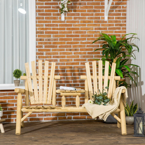 English Elm Outsunny 2-Seat Adirondack Loveseat With Table – Rustic Wooden Patio Bench For Outdoor Relaxation W2225P174069-GIGA