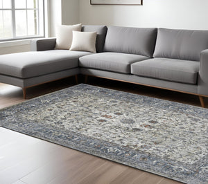 HomeRoots 5' Elegant Ivory, Blue & Gray Oriental Area Rug - Durable, Timeless Design for Any Space 9' X 12' 532429