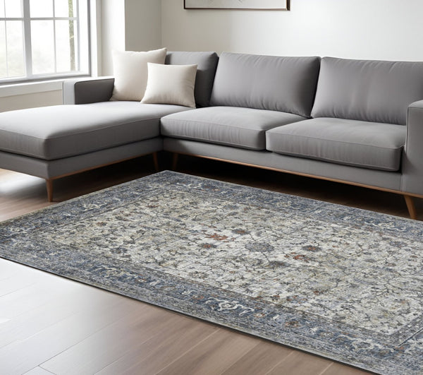 HomeRoots 5' Elegant Ivory, Blue & Gray Oriental Area Rug - Durable, Timeless Design for Any Space 9' X 12' 532429