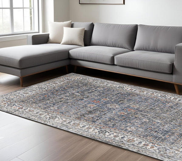 HomeRoots 5' Elegant Ivory, Blue & Gray Oriental Area Rug - Durable, Timeless Design for Any Space 9' X 12' 532430