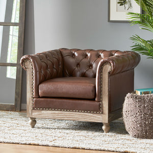 English Elm Christopher Knight Home® - CLUB Club Chair Chesterfield-Inspired Tufted PU Upholstery with Nailhead Trim, Scrolled Arms, Turned Legs Dark Brown 39.25 L x 34.25 W x 25 H 72069.00