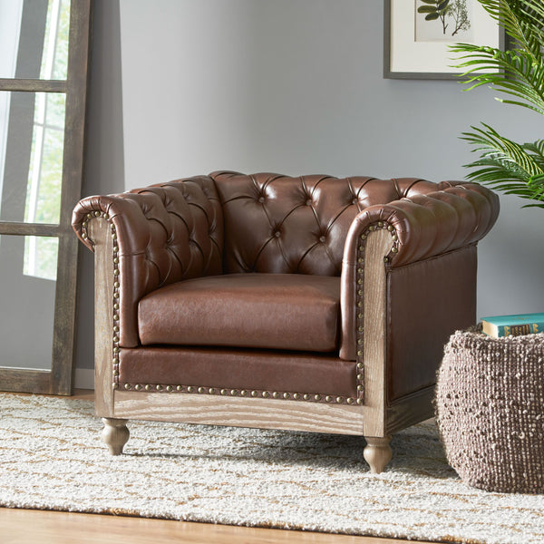 English Elm Christopher Knight Home® - CLUB Club Chair Chesterfield-Inspired Tufted PU Upholstery with Nailhead Trim, Scrolled Arms, Turned Legs Dark Brown 39.25 L x 34.25 W x 25 H 72069.00