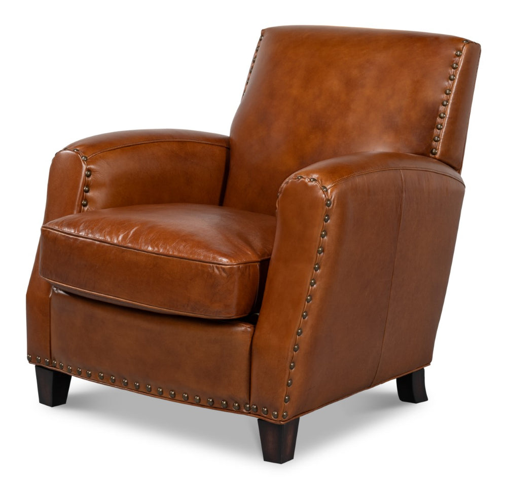 Sarreid Taft Chair - Luxurious Vintage Havana Leather With Dark Brown Hardwood Frame For Timeless Elegance Brown  53258