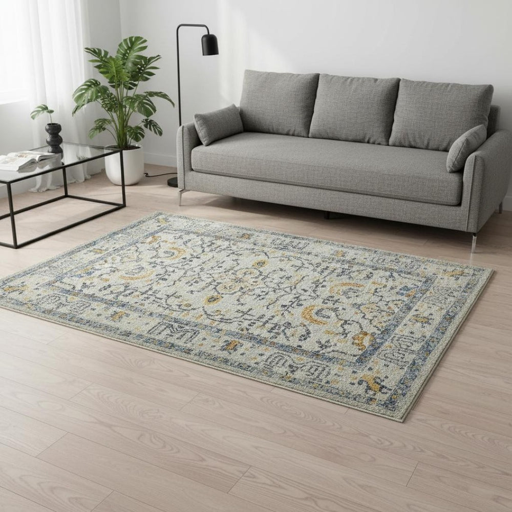 HomeRoots 5' Elegant Ivory and Yellow Oriental Distressed Area Rug - Vintage Charm for Any Space 5'3" x 7'6" 532597