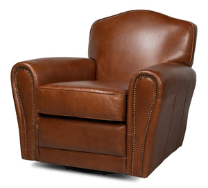 Sarreid Elite French Club Swivel Chair - Vintage Havana Leather, Top Grain Cowhide, Sturdy Metal Base Design Brown  53265