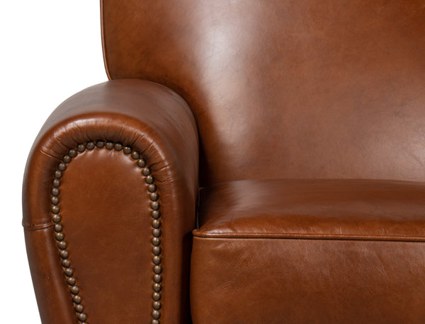 Sarreid Elite French Club Swivel Chair - Vintage Havana Leather, Top Grain Cowhide, Sturdy Metal Base Design Brown  53265