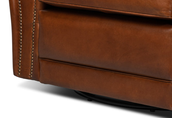 Sarreid Elite French Club Swivel Chair - Vintage Havana Leather, Top Grain Cowhide, Sturdy Metal Base Design Brown  53265