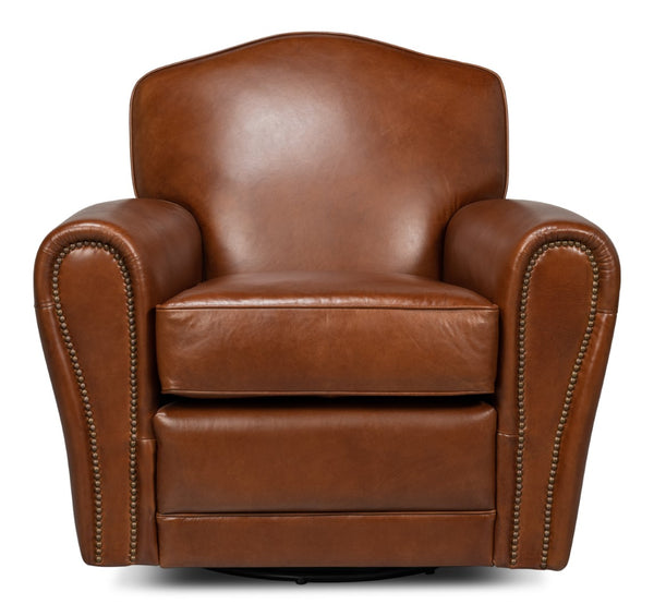 Sarreid Elite French Club Swivel Chair - Vintage Havana Leather, Top Grain Cowhide, Sturdy Metal Base Design Brown  53265