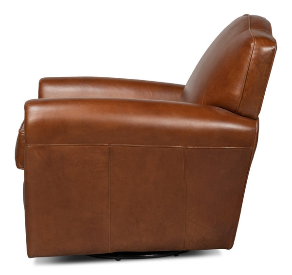 Sarreid Elite French Club Swivel Chair - Vintage Havana Leather, Top Grain Cowhide, Sturdy Metal Base Design Brown  53265