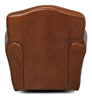 Sarreid Elite French Club Swivel Chair - Vintage Havana Leather, Top Grain Cowhide, Sturdy Metal Base Design Brown  53265