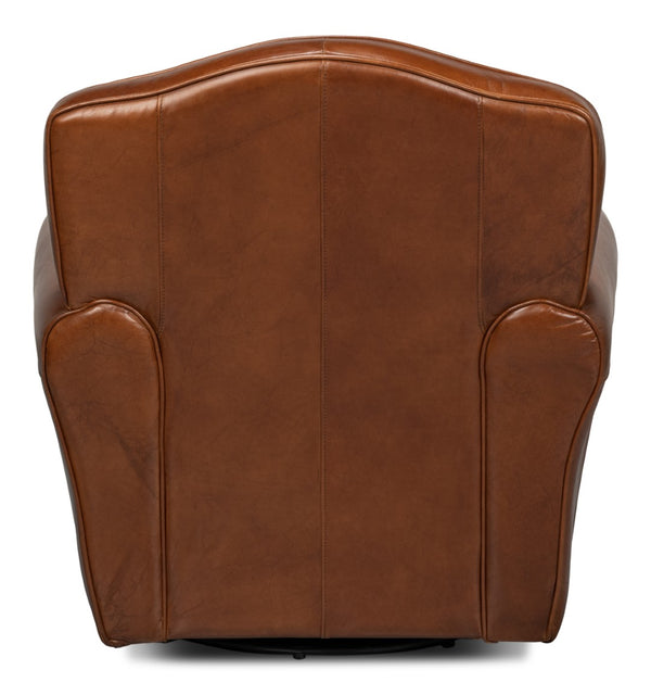 Sarreid Elite French Club Swivel Chair - Vintage Havana Leather, Top Grain Cowhide, Sturdy Metal Base Design Brown  53265