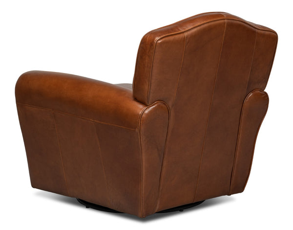 Sarreid Elite French Club Swivel Chair - Vintage Havana Leather, Top Grain Cowhide, Sturdy Metal Base Design Brown  53265