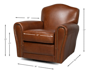 Sarreid Elite French Club Swivel Chair - Vintage Havana Leather, Top Grain Cowhide, Sturdy Metal Base Design Brown  53265