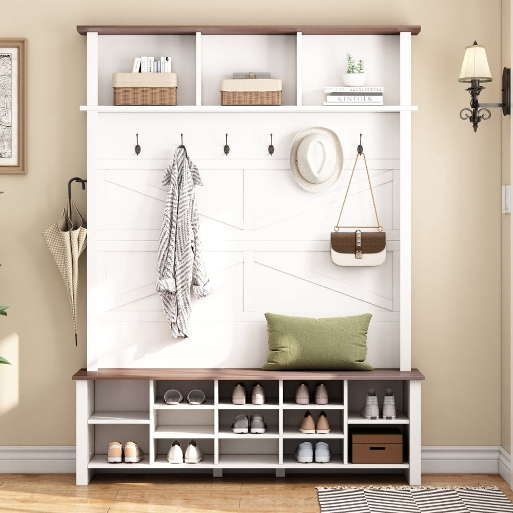 English Elm Farmhouse Hall Tree Entryway Organizer with Bench 16 Compartments and 6 Coat Hooks N721S000064K