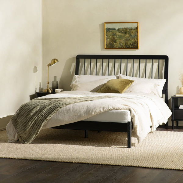 English Elm Walker Edison - Mid-Century Solid Pine Queen Spindle Bed Frame with Slat-Back Design, Warp-Resistant Slats, Sturdy Support Black 84.5 L x 25 W x 5 H B185P169114