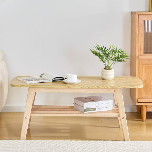 English Elm 39 Inch Solid Wood Coffee Table with Dual Open Shelves for Living Room Storage W2920P407664