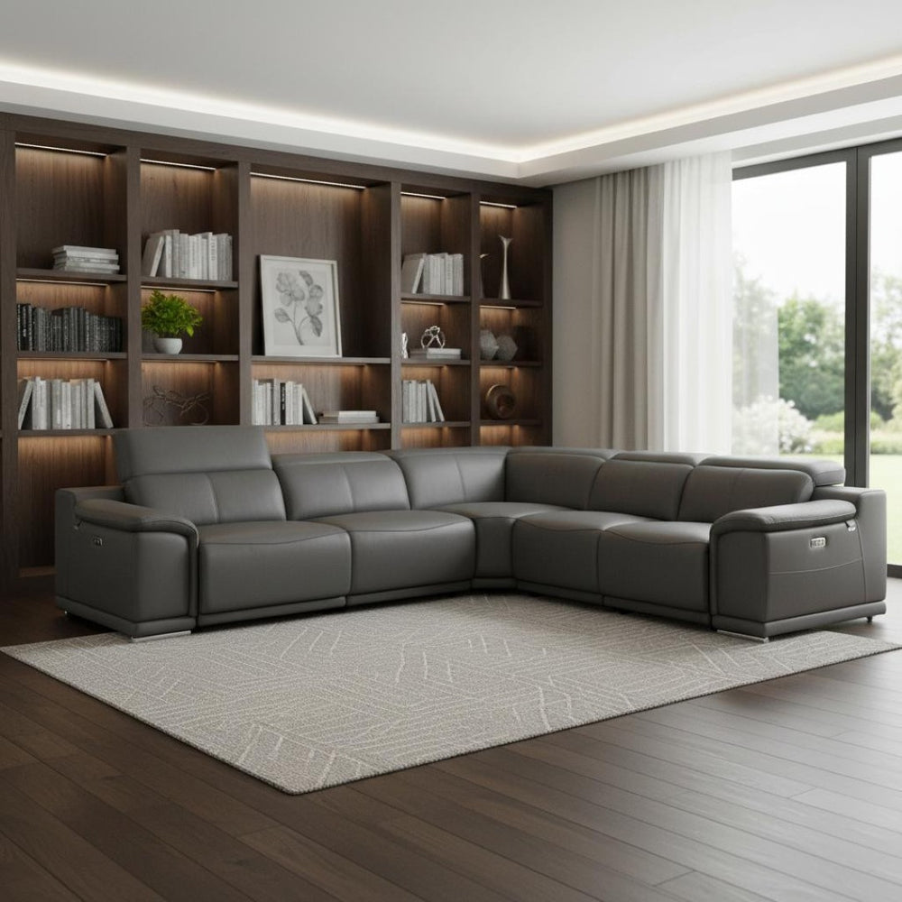 HomeRoots Gray Italian Leather U-Shaped Power Reclining Sectional with Console for Luxurious Living Spaces GREY 532758