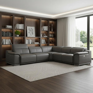 HomeRoots Gray Italian Leather U-Shaped Power Reclining Sectional with Console for Luxurious Living Spaces GREY 532758