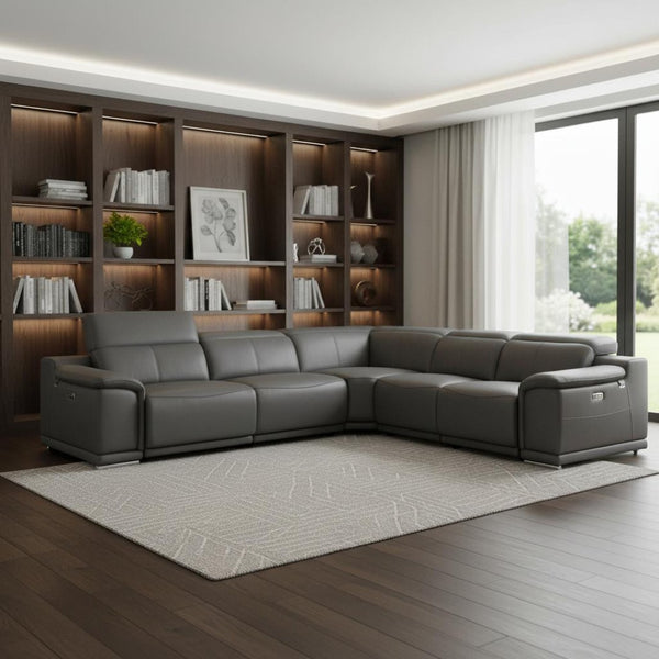 HomeRoots Gray Italian Leather U-Shaped Power Reclining Sectional with Console for Luxurious Living Spaces GREY 532758