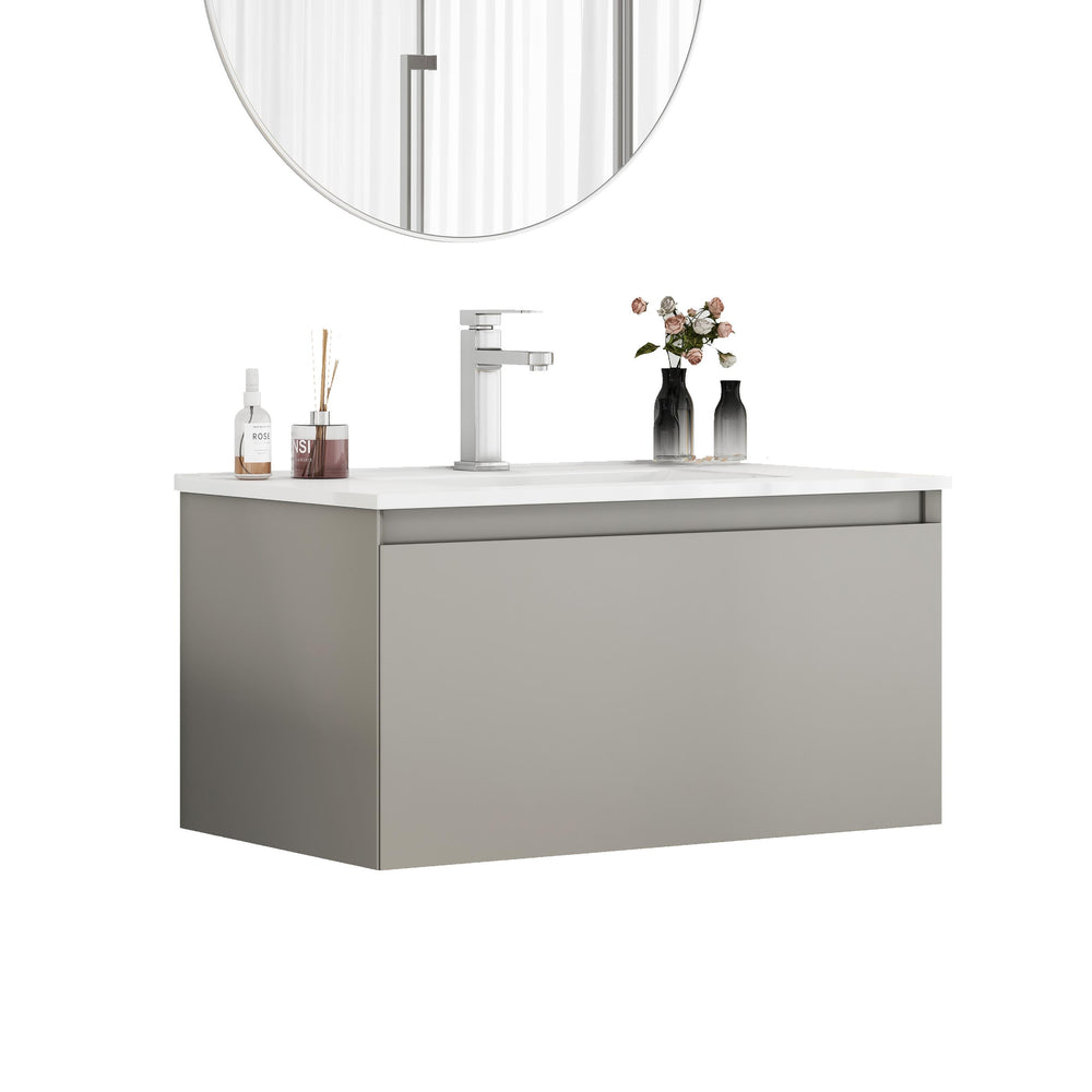 English Elm 32-Inch Wall-Mounted Bathroom Vanity With Soft-Close Drawer, Durable Ceramic Sink, Mocha Gray Finish W3151S00043