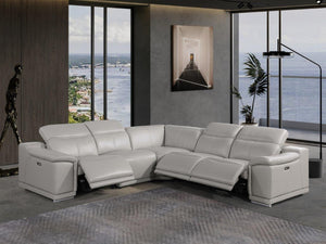 Homeroots Light Gray Italian Leather Power Reclining U Shaped Five Piece Corner Sectional With Console Light Grey  532760
