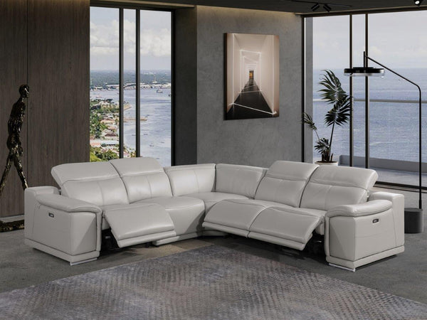 Homeroots Light Gray Italian Leather Power Reclining U Shaped Five Piece Corner Sectional With Console Light Grey  532760