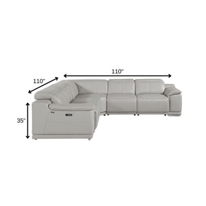 HomeRoots Light Italian Leather Power Reclining U-Shaped Sectional with Console for Modern Living Spaces LIGHT GREY 532760