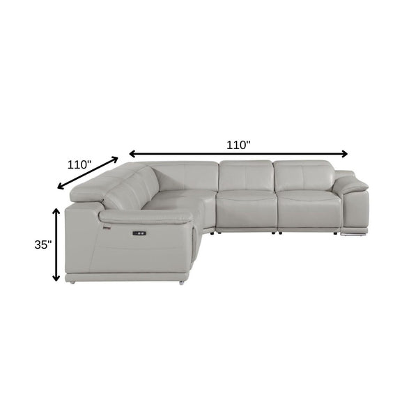 HomeRoots Light Italian Leather Power Reclining U-Shaped Sectional with Console for Modern Living Spaces LIGHT GREY 532760