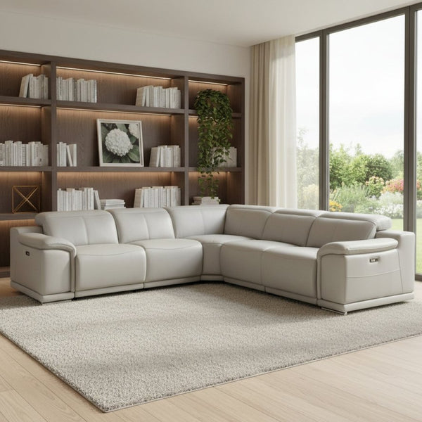 HomeRoots Light Italian Leather Power Reclining U-Shaped Sectional with Console for Modern Living Spaces LIGHT GREY 532760