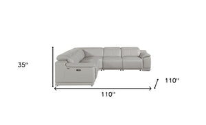 Homeroots Light Gray Italian Leather Power Reclining U Shaped Five Piece Corner Sectional With Console Light Grey  532760