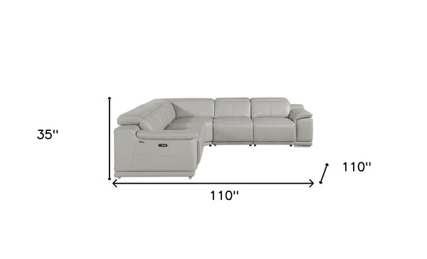 Homeroots Light Gray Italian Leather Power Reclining U Shaped Five Piece Corner Sectional With Console Light Grey  532760
