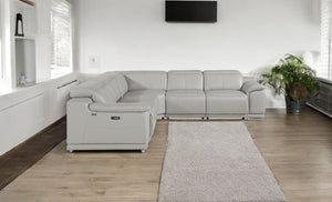 Homeroots Light Gray Italian Leather Power Reclining U Shaped Five Piece Corner Sectional With Console Light Grey  532760