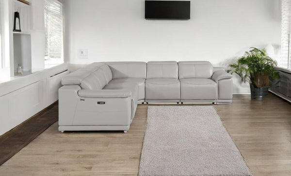 Homeroots Light Gray Italian Leather Power Reclining U Shaped Five Piece Corner Sectional With Console Light Grey  532760