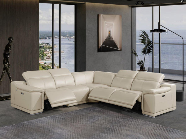 Homeroots Beige Italian Leather Power Reclining U Shaped Five Piece Corner Sectional With Console Beige  532761