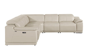 Homeroots Beige Italian Leather Power Reclining U Shaped Five Piece Corner Sectional With Console Beige  532761