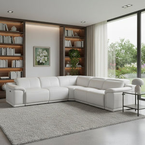 HomeRoots White Italian Leather Power Reclining L-Shaped Sectional - Luxurious Comfort & Modern Design for All White 532763
