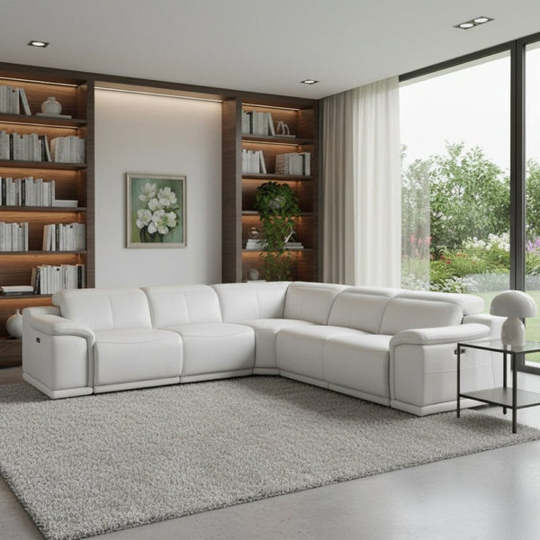 HomeRoots White Italian Leather Power Reclining L-Shaped Sectional - Luxurious Comfort & Modern Design for All White 532763