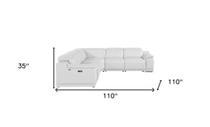 Homeroots White Italian Leather Power Reclining L Shaped Five Piece Corner Sectional White  532763