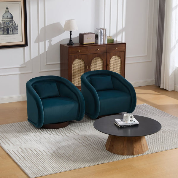 English Elm Swivel Barrel Chair Pumpkin Sculptural Velvet Upholstered with Walnut Wood Round Base Teal W3244P427742