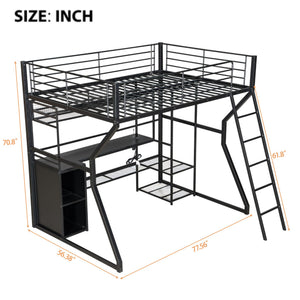 English Elm Full Size Metal Gaming Loft Bed With Workstation, Led Lights, Storage Solutions & Open Wardrobe N7090000666B