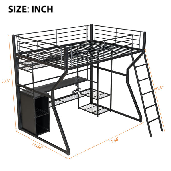 English Elm Full Size Metal Gaming Loft Bed With Workstation, Led Lights, Storage Solutions & Open Wardrobe N7090000666B