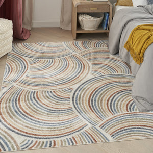 HomeRoots 7' Stylish Ivory Blue and Brown Geometric Area Rug - Washable, Soft, Modern Design for Any Room 7' X 9' 532827