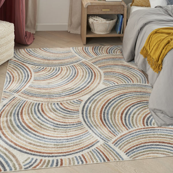 HomeRoots 7' Stylish Ivory Blue and Brown Geometric Area Rug - Washable, Soft, Modern Design for Any Room 7' X 9' 532827