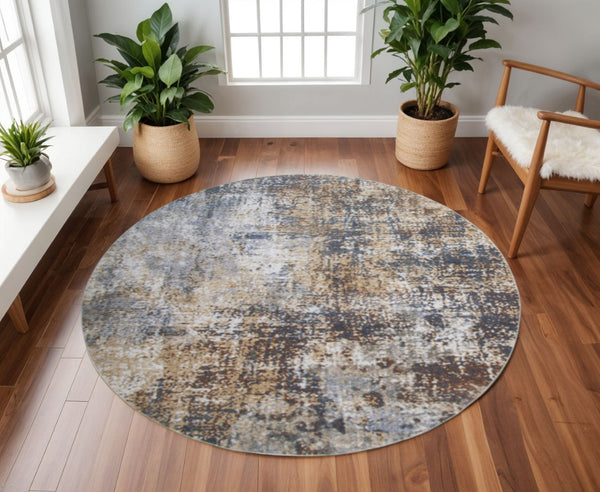 HomeRoots 8' Modern Abstract Distressed Round Rug in Tan, Ivory & Black - Washable, Stain-Resistant & Stylish 532832